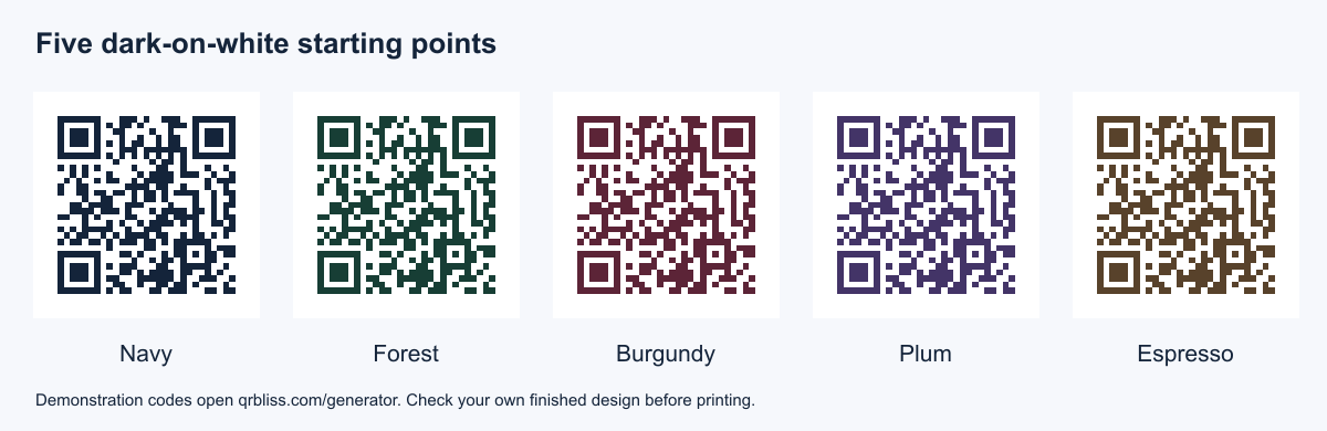 Five dark-on-white QR samples in navy, forest, burgundy, plum, and espresso