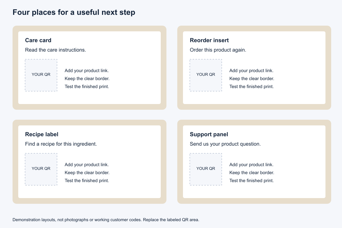 Four packaging layout demonstrations: care card, reorder insert, recipe label, and support panel