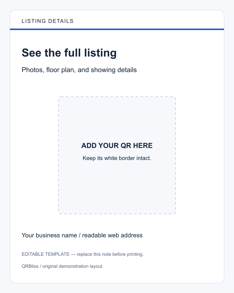 Editable listing sign with a clearly marked area for your own QR code