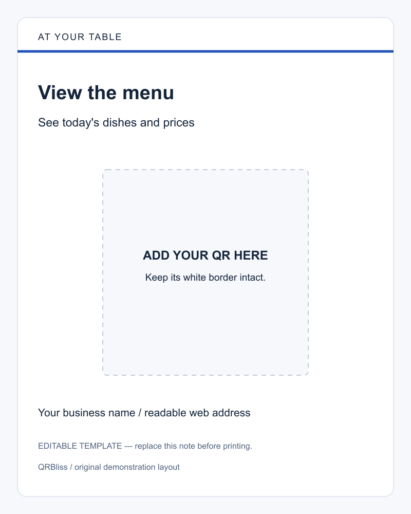 Menu sign layout with space to insert your own code